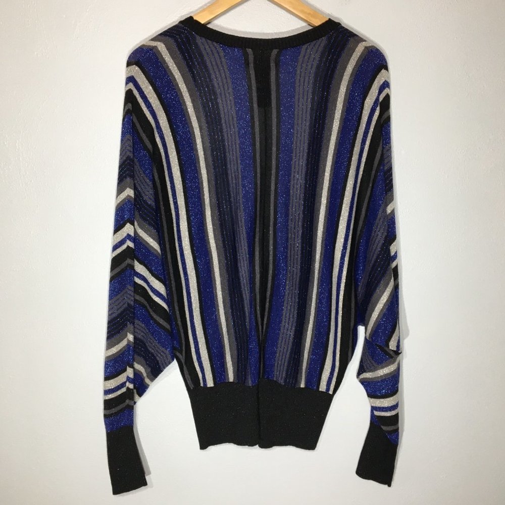 Vintage 90's Black Blue Silver Batwing Cross Over Sweater, Plunging V, Disco - L - Picture 3 of 10